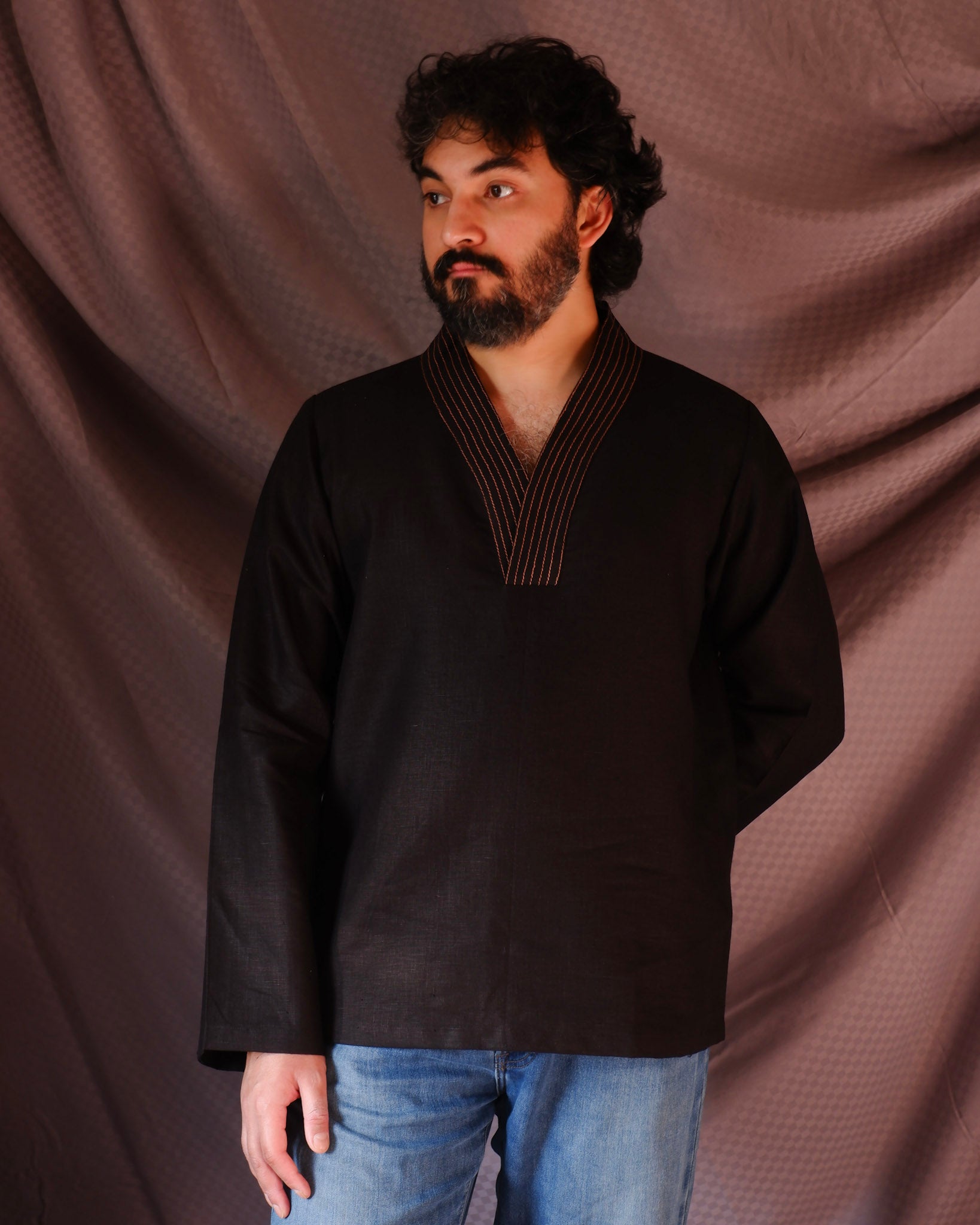 Men's short kurta | M87-14: Chord - Black - 100% Linen