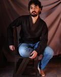 Men's short kurta | M87-14: Chord - Black - 100% Linen