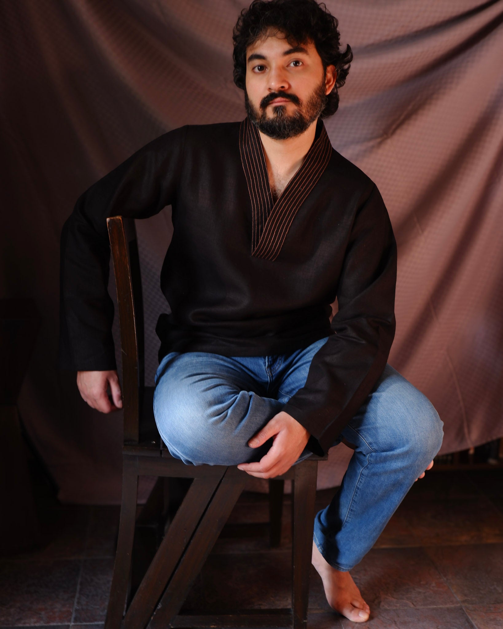 Men's short kurta | M87-14: Chord - Black - 100% Linen