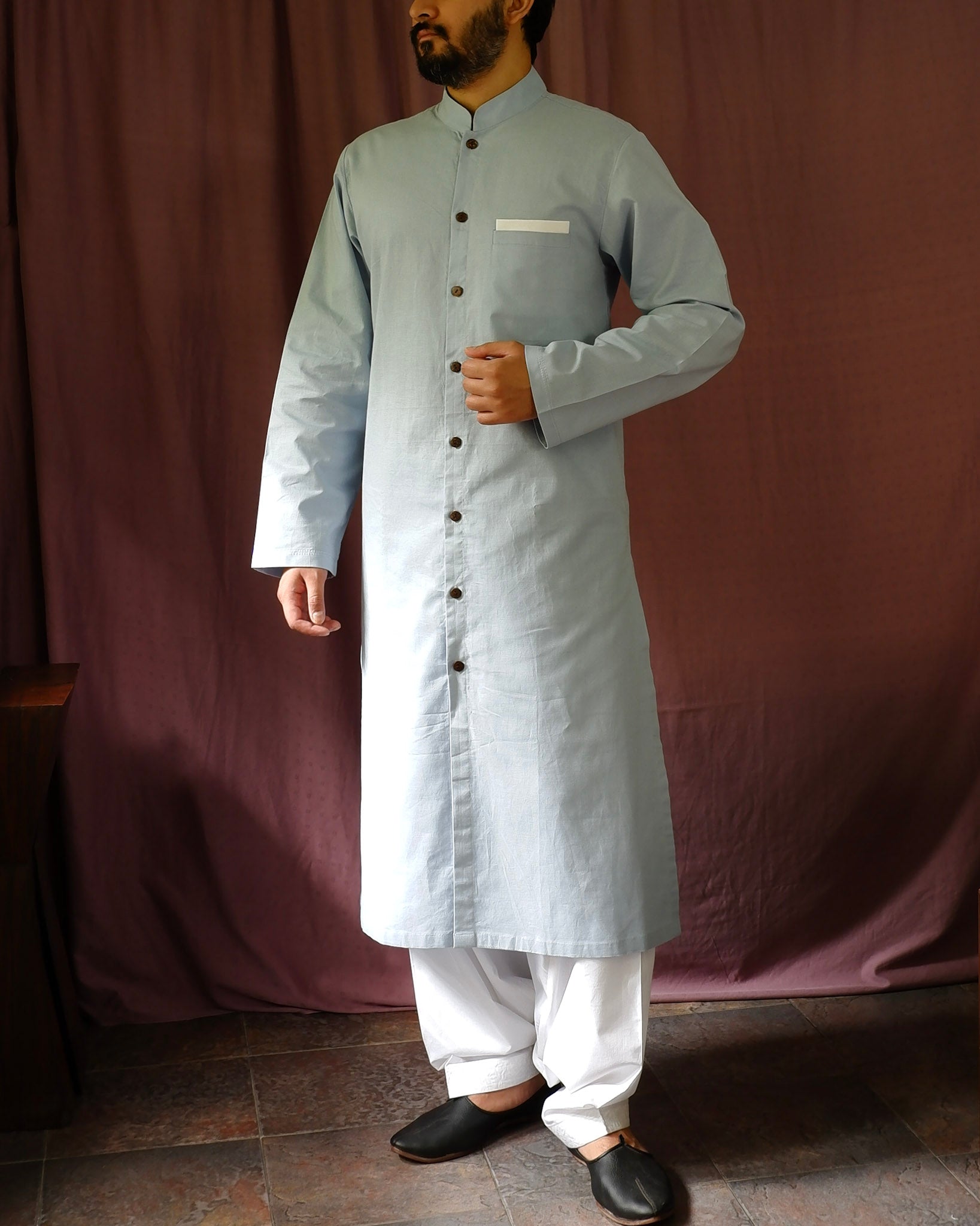 Men's kurta set | M87-38: Duple 2.0 - Sapphire - Cotton Linen blend