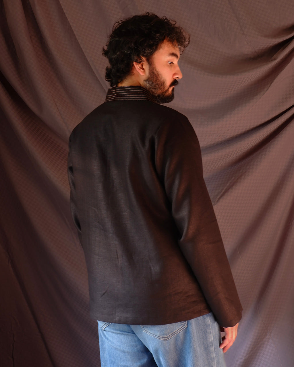 Men's short kurta | M87-14: Chord - Black - 100% Linen