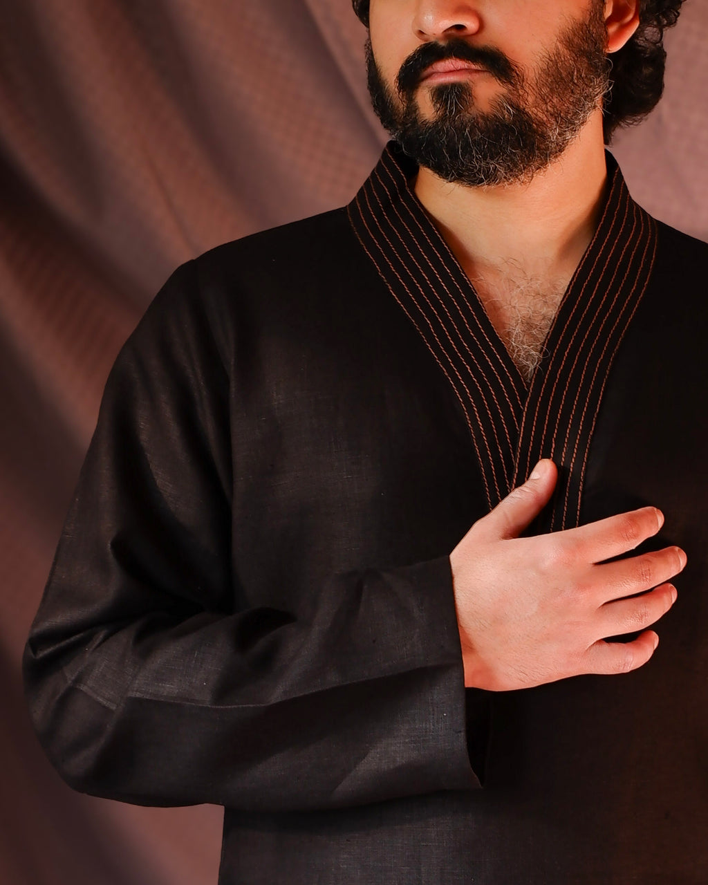 Men's short kurta | M87-14: Chord - Black - 100% Linen