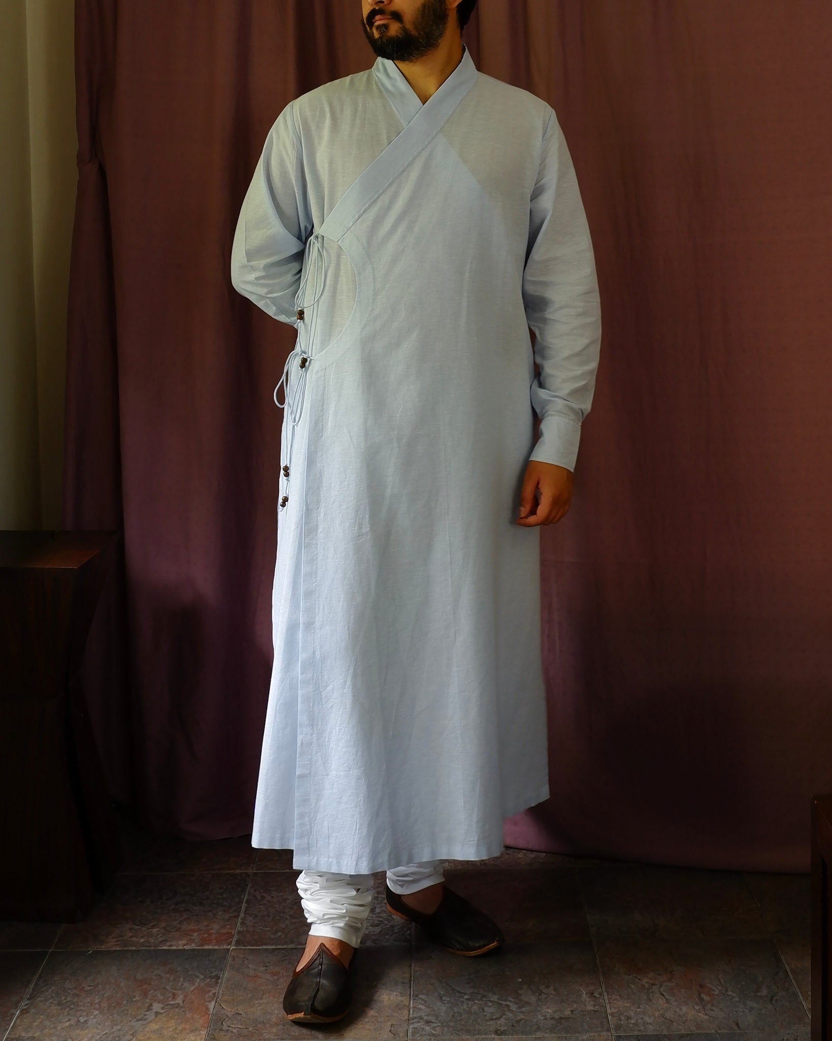 Men's kurta set | M87-39: Angarkha 3.0 - Arctic - Cotton Linen blend