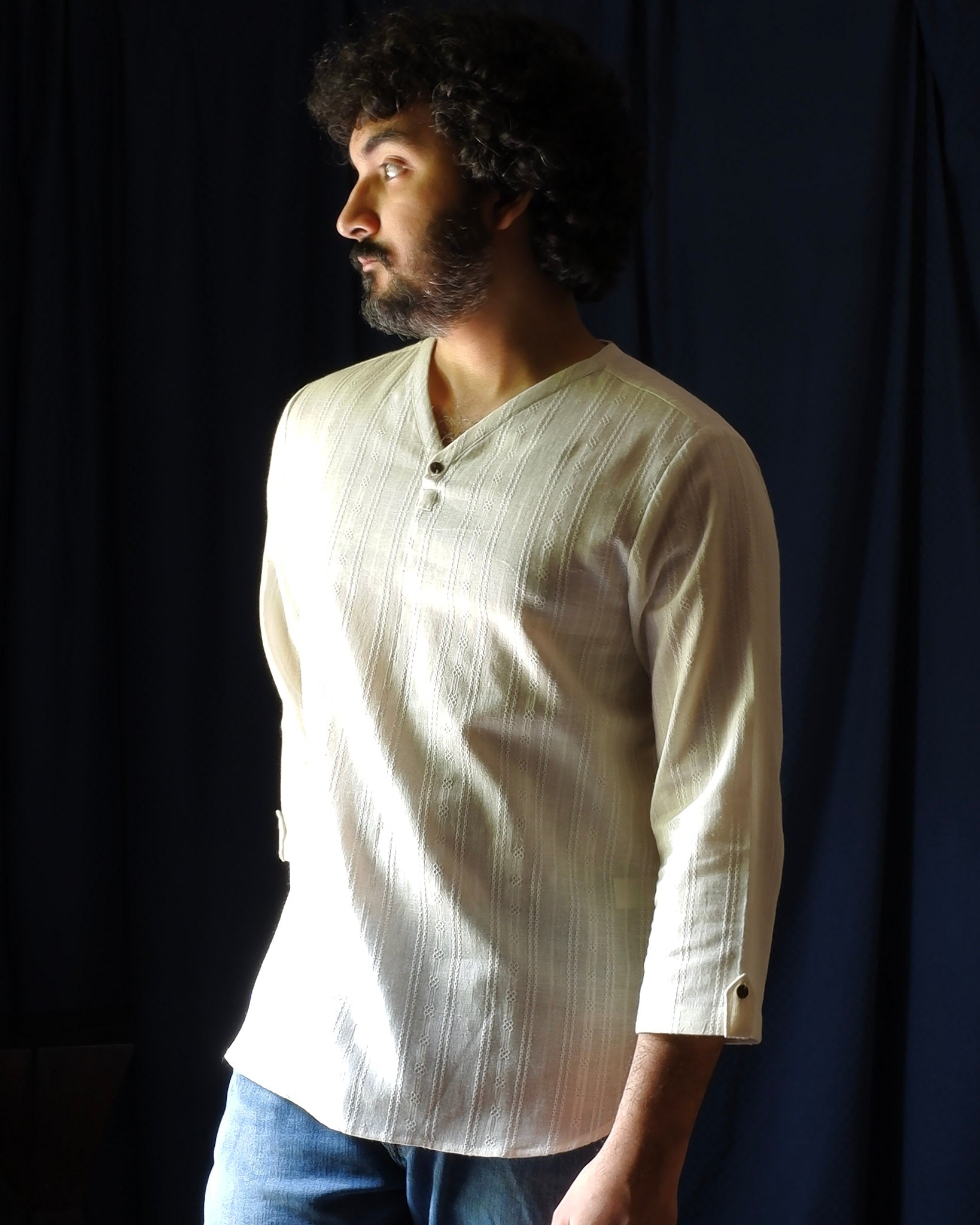 Men's short kurta | M87-24: Cadence - Cream - CottonFlax