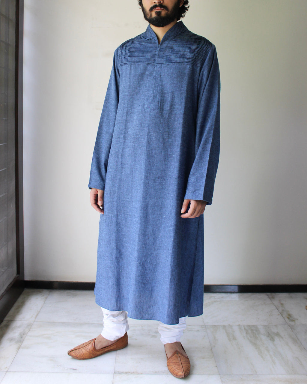 Men's kurta set M87-03: Tuck yoke - Dark Teal - Tencel Cotton blend