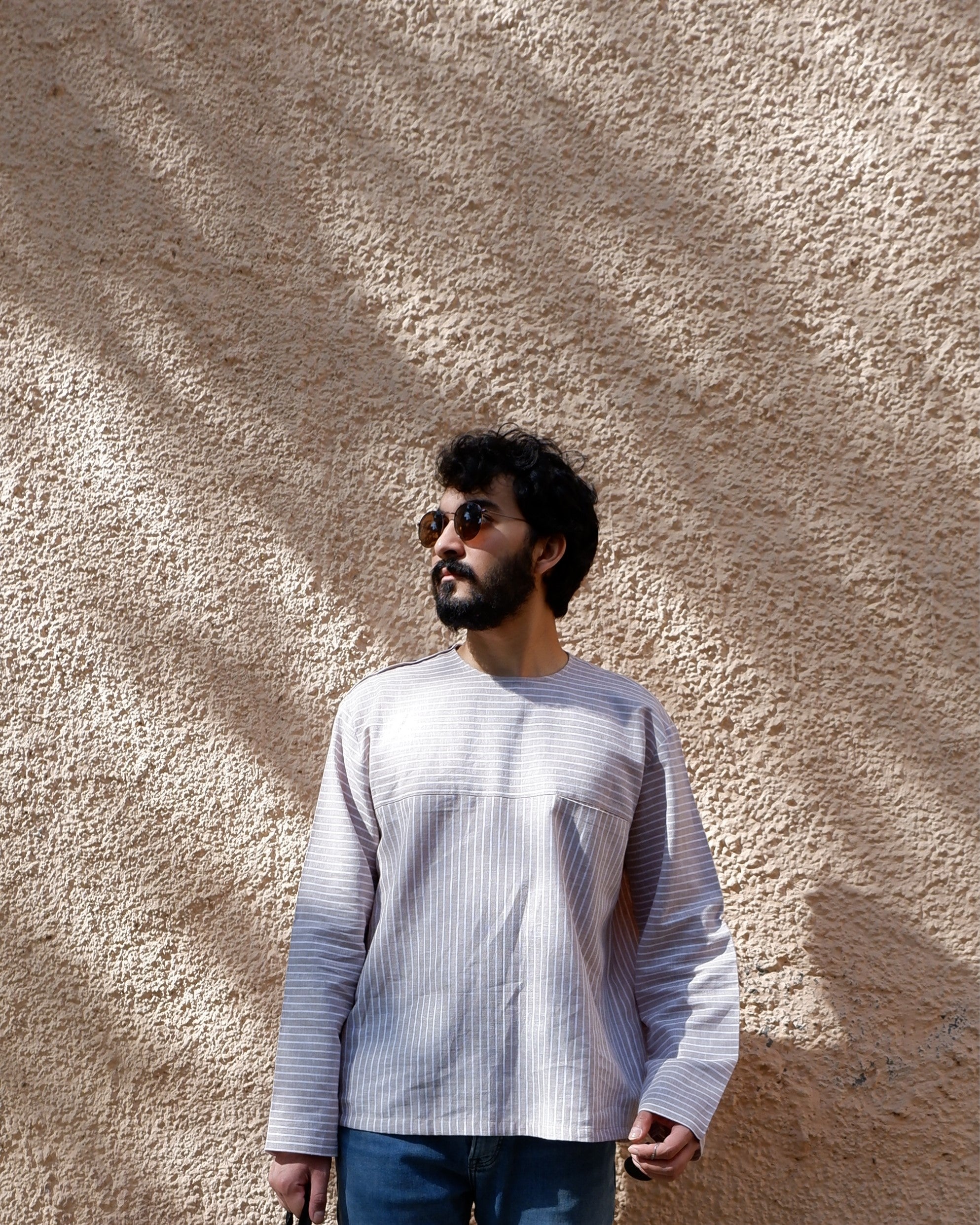 Men's short kurta M87-22: Tango - Sand stripes - Cotton Linen blend