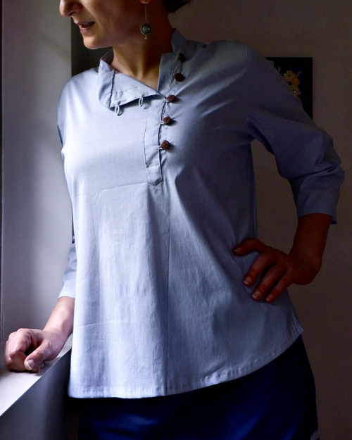 Women's top W87-29: Libretto - Royal Blue mini-checks - Cotton Lycra