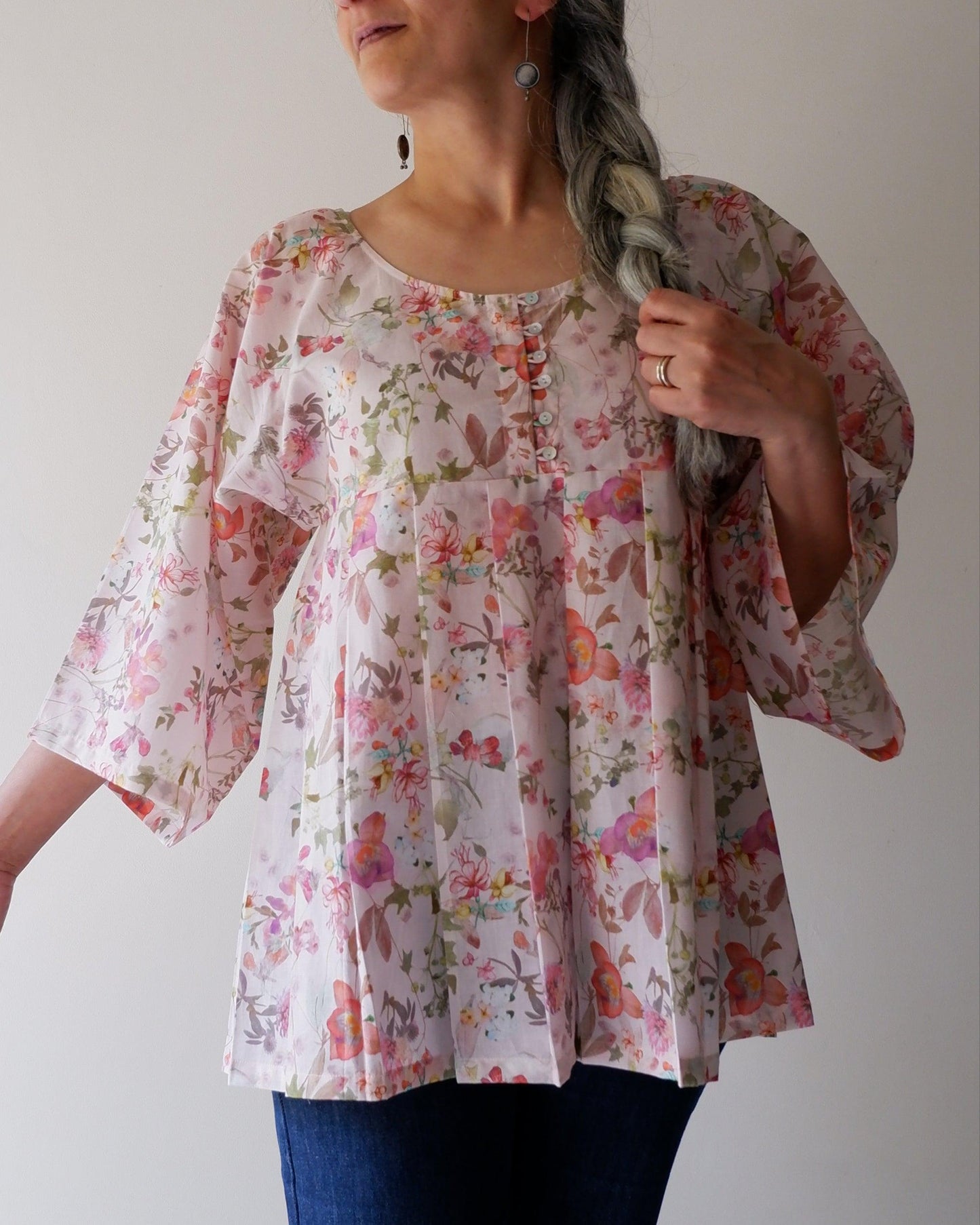 W87-25: Calypso - Seamless yoke Babydoll top - Pink floral print